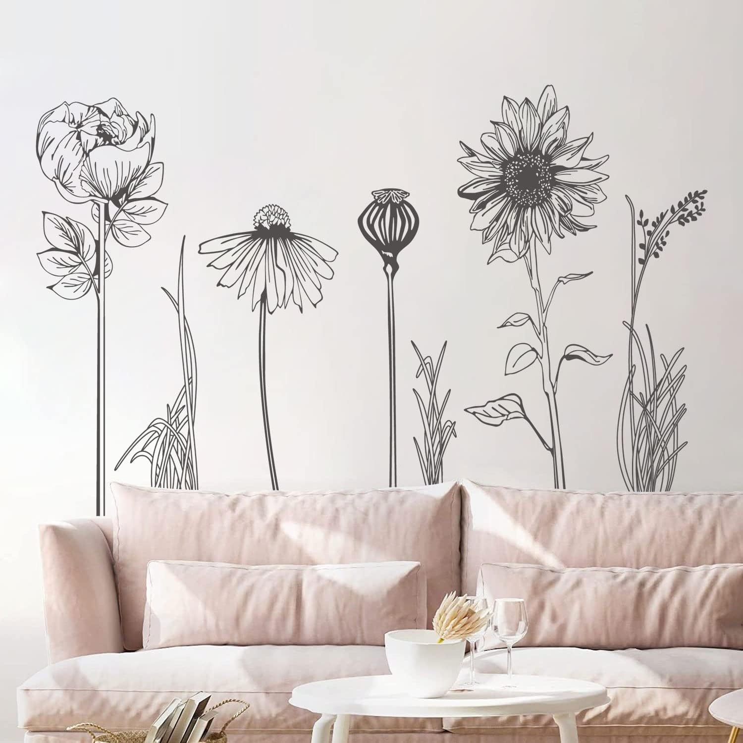 Black Simple Flower Plants Wall Stickers Large Boho Floral Modern Wall Decal Ske