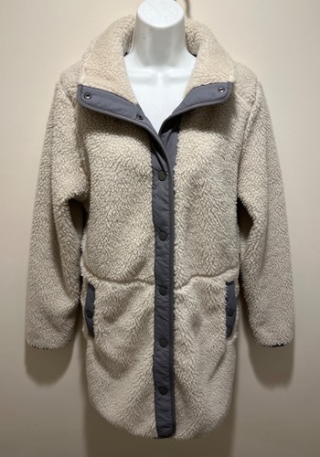 LL Bean Womens MEDIUM Faux Sherpa Fleece Jacket Coat Soapstone Snaps Pockets NWT - Picture 2 of 20