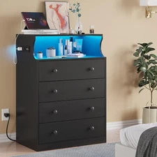 Black Dresser with Charging Station LED Light 4 Drawers Dresser Chest of Drawers