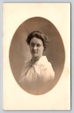 RPPC woman white shirt necklace Postcard Portrait Real Photo Vtg F.E.W