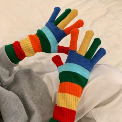 Damen Mdchen Regenbogen Gestreift Handschuhe Gestrickt Touch Screen Finger  | eBay.de