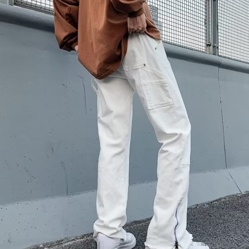 Men Jeans Denim Straight Trousers Casual Side Zip Flare Bootcut Pant Trend