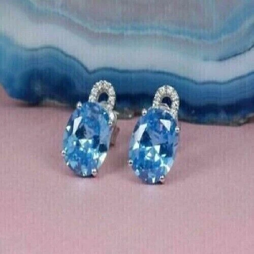 2.00 Ct Oval Cut Simulated Blue Topaz Halo Stud Earrings 14K White Gold Plated