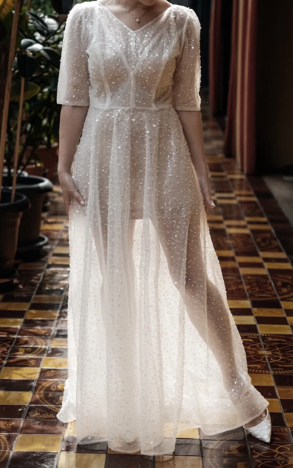 See through Sequin Beaded Sparkly Dress, A Line Sparkly Bridal Gown Over Dress - Image 2 of 4