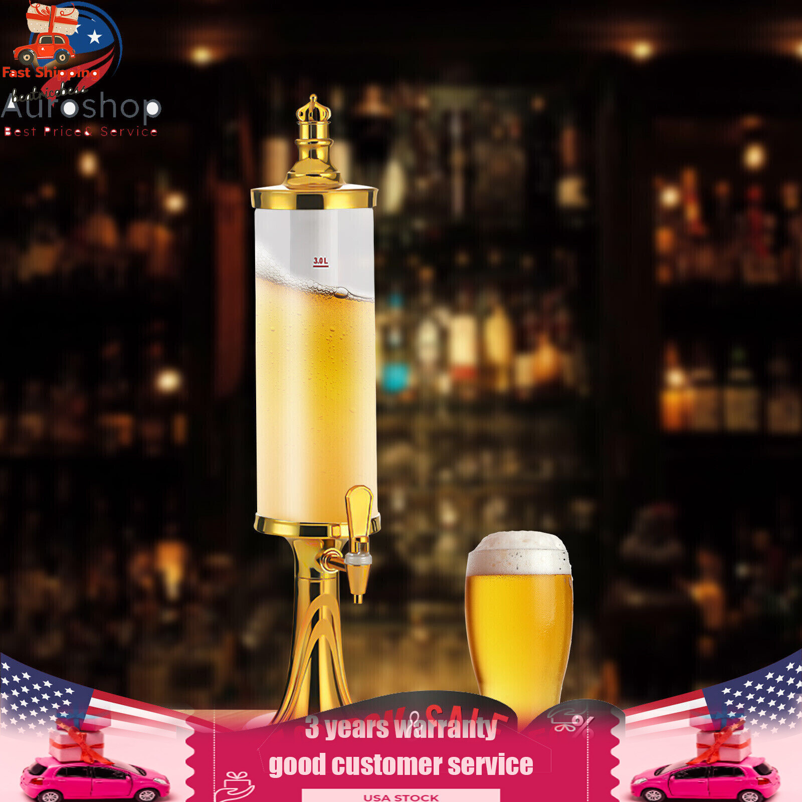 3L Beer Tower Beverage Dispenser Faucet Beverage Drink Dispenser LED Lights US