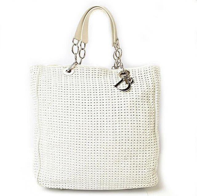 Sac fourre tout Christian Dior Lady Dior Intrecciato blanc argent quincaillerie cuir