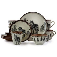 Elama Dinnerware Set Wolf Decal Design Taupe Stoneware 16-Piece Service for 4