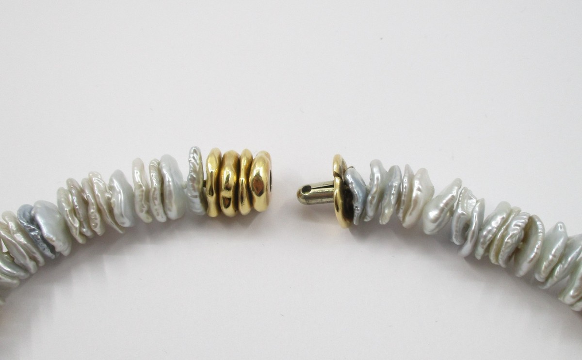 Strand of Twilight Blue Keshi Pearls With 18 Karat Yellow Gold Stations 18 1/2" View 4