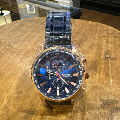 CURREN Men's Quartz Chronograph Tachymeter Blue Dial Rose Gold Black Bracelet