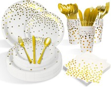 175 PCS White and Gold Paper Plates and Utensils Set Party for 25 Guests