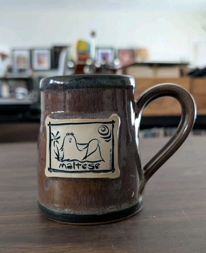 Deneen Ceramic Pottery Mug Dog Maltese Drip Glaze 12 Oz Excellent Vintage