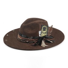 Wide Brim Fedora Hat for Men Women Retro Western Felt Hats Medium-Large Brown