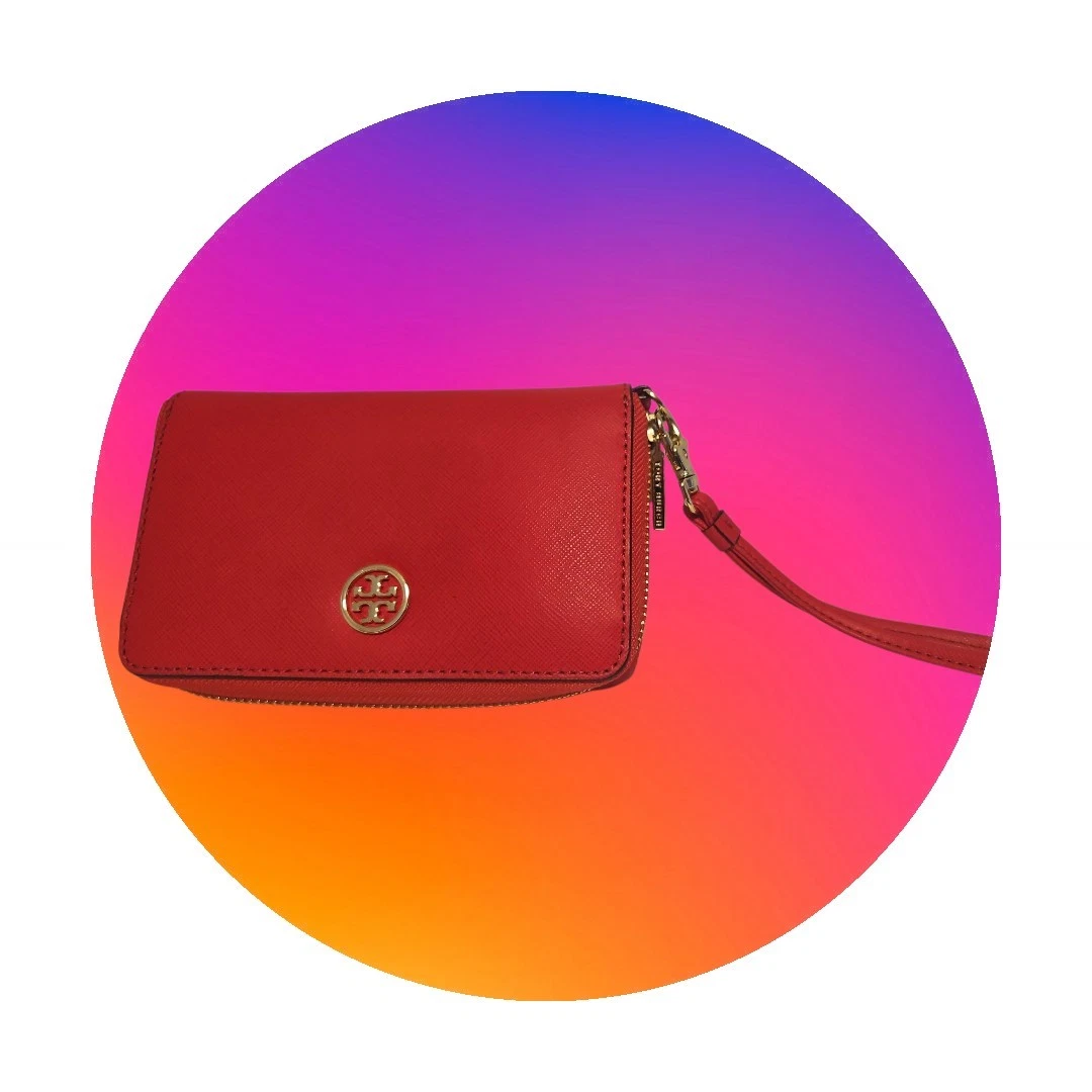 Portafoglio Tory Burch rosso pelle fucsia zip intorno logo polso festa vestito