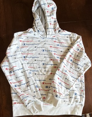 Champion Unisex Kids XL Gray Pullover Fleece Hoodie All-Over Logo Graphic