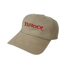 Vintage Y2K Yahoo! Strapback Hat Khaki Beige Red Logo Cap Embroidered
