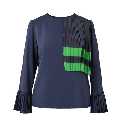 Cubic Navy Pleated Blouse Green Panel Long Sleeve Size M Smart Casual Top