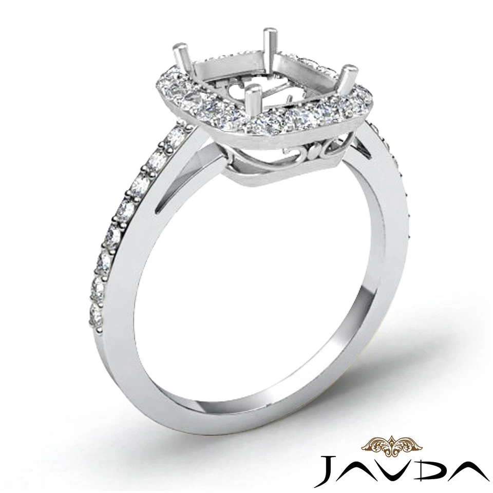 Cushion Semi Mount Halo Pave Diamond Engagement Filigree Ring 14k W Gold 0.45Ctw - Image 2 of 4