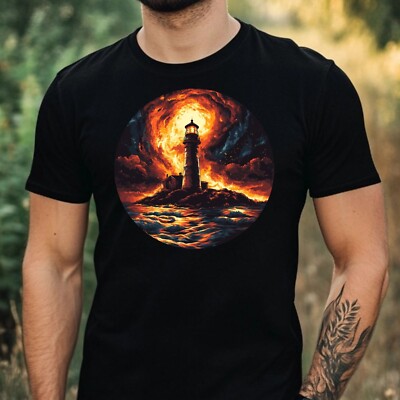 Herren T-Shirt Leuchtturm in Flammen Motiv Baumwolle Größe XS bis 5XL