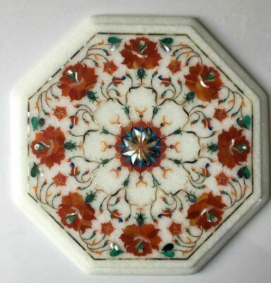 12'' Marble corner top table semi precious stones handmade floral inlay work