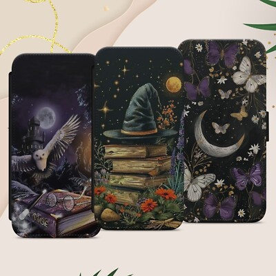 Zauberer Hexenhut Handy Hülle Cover für iPhone Samsung Pixel Flip Wallet Gothic