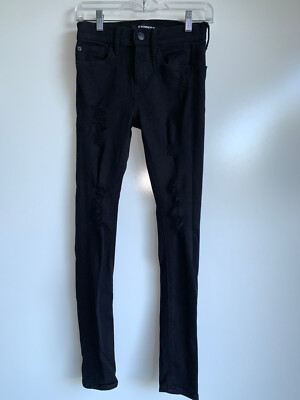 EXPRESS Black Mid Rise Stretch Legging Distressed Ripped Jeans Size 00R 