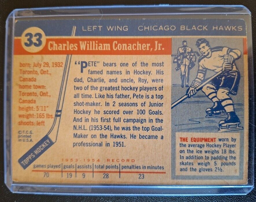 1954-55 TOPPS Pete Conacher NHL HOCKEY CARD, Very Good Condition (ungraded)