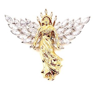 Authentic Vtg Nolan Miller Gold Plated Brooch Angel Crystal Wing Crown Exquisite Classic Y