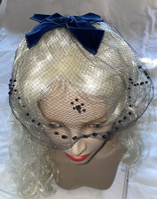 VTG NAVY BLUE DELICATE Fascinator WHIMSIE BIRDCAGE VEIL 40s 50s DOTS BOWS