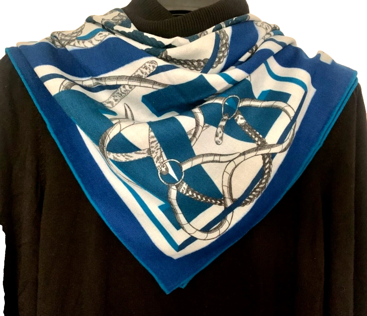 37"x37"Blue Harness Print 21.9% Silk 78.1% Wool Thin Scarf Shawl 95x95cm 5