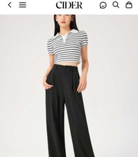 Cider Brand-Black High Waist Pleated Wide Leg  Pants-M