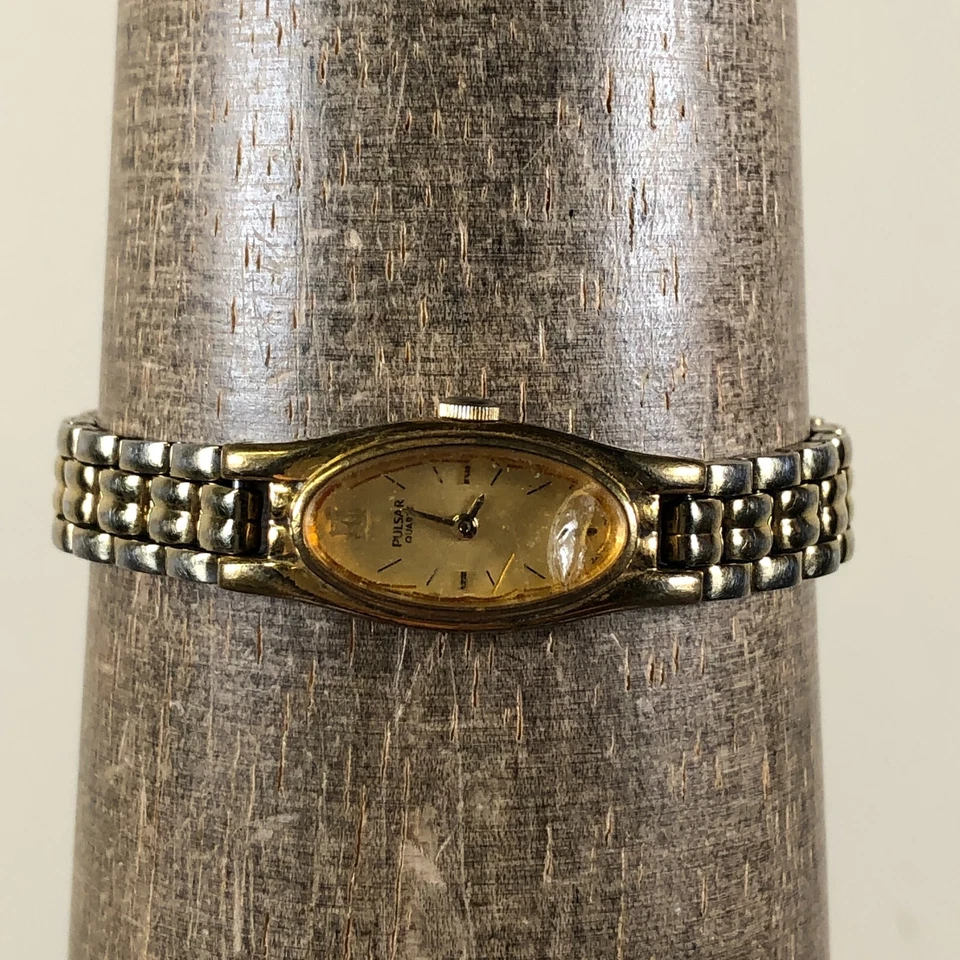 Vintage Pulsar Women V220-6190 Dress Gold Tone Oval Quartz Analog 12mm Watch 6" - Image 2 of 4