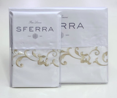 Sferra Griante Full/Queen Flat Sheet & Standard Pillowcase Set 2 White/Oat Italy