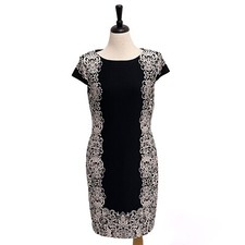 Nine West Black Ivory Taupe Damask Print Cap Sleeve Shift Dress NWT 8 Stretch