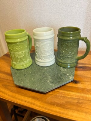 Set of 3 Mugs Westmoreland Glass Opaque White, Light Green, Dark Green, H = 5''