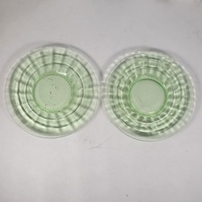 Pair of Vintage Green Uranium Glass Small Plates Anchor Hocking Block Optic 6.25