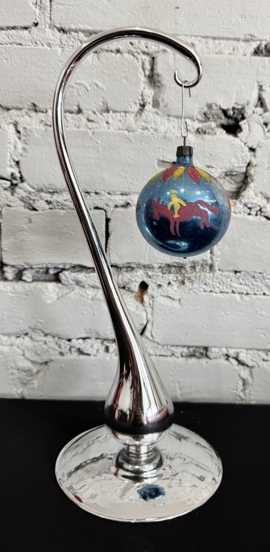 Unusual Vintage Hand-Painted Christmas Glass Ball Ornament Carousel Horse Riders