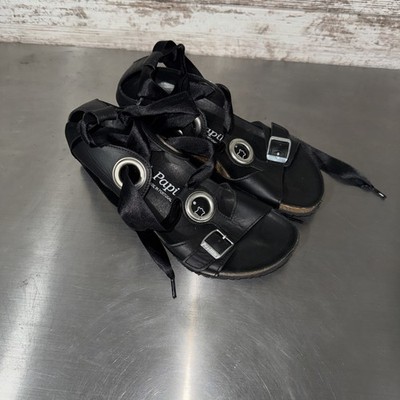 Papillio Birkenstock Black Emmy Leather Ankle Tie Strap Wedge Sandals Size 37