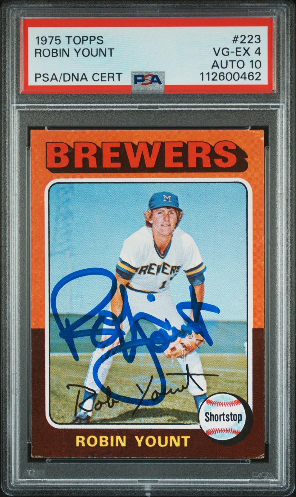 1975 BREWERS Robin Yount signed ROOKIE card Topps #223 PSA 4 AUTO 10 RC