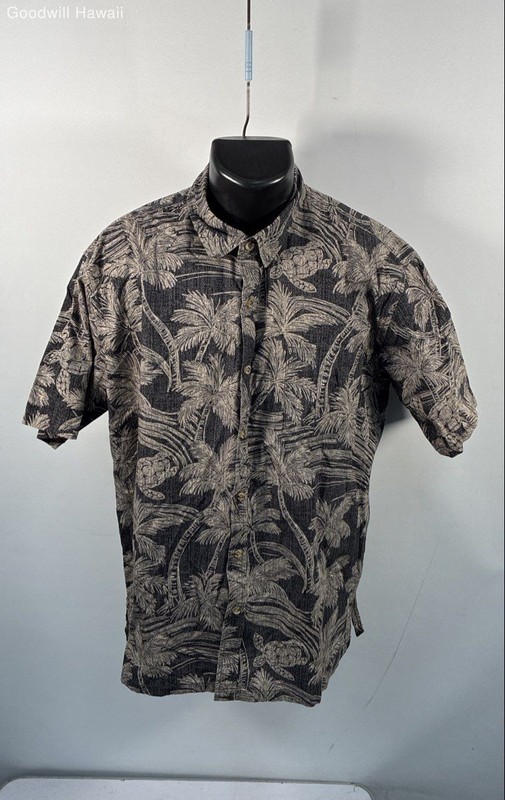 Cooke Street Honolulu Men's Gray Palm Tree Sea Turtle Cotton Aloha Shirt Sz XL