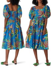 Anthropologie Farm Rio Tropics Tiered Midi Dress M Blue Bananas Huge PuffSleeves