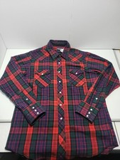 Wrangler Pearl Snap Flannel Shirt Mens Size 17/35 Red Plaid Western Vintage 90s