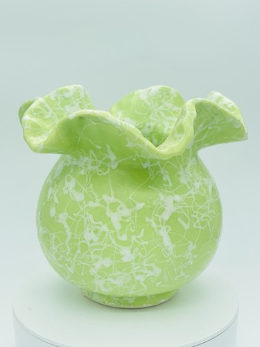 VTG MCM Lime Green & White Speckle Ruffled Collar Round Bottom Pottery Vase 4.5" - Picture 2 of 15
