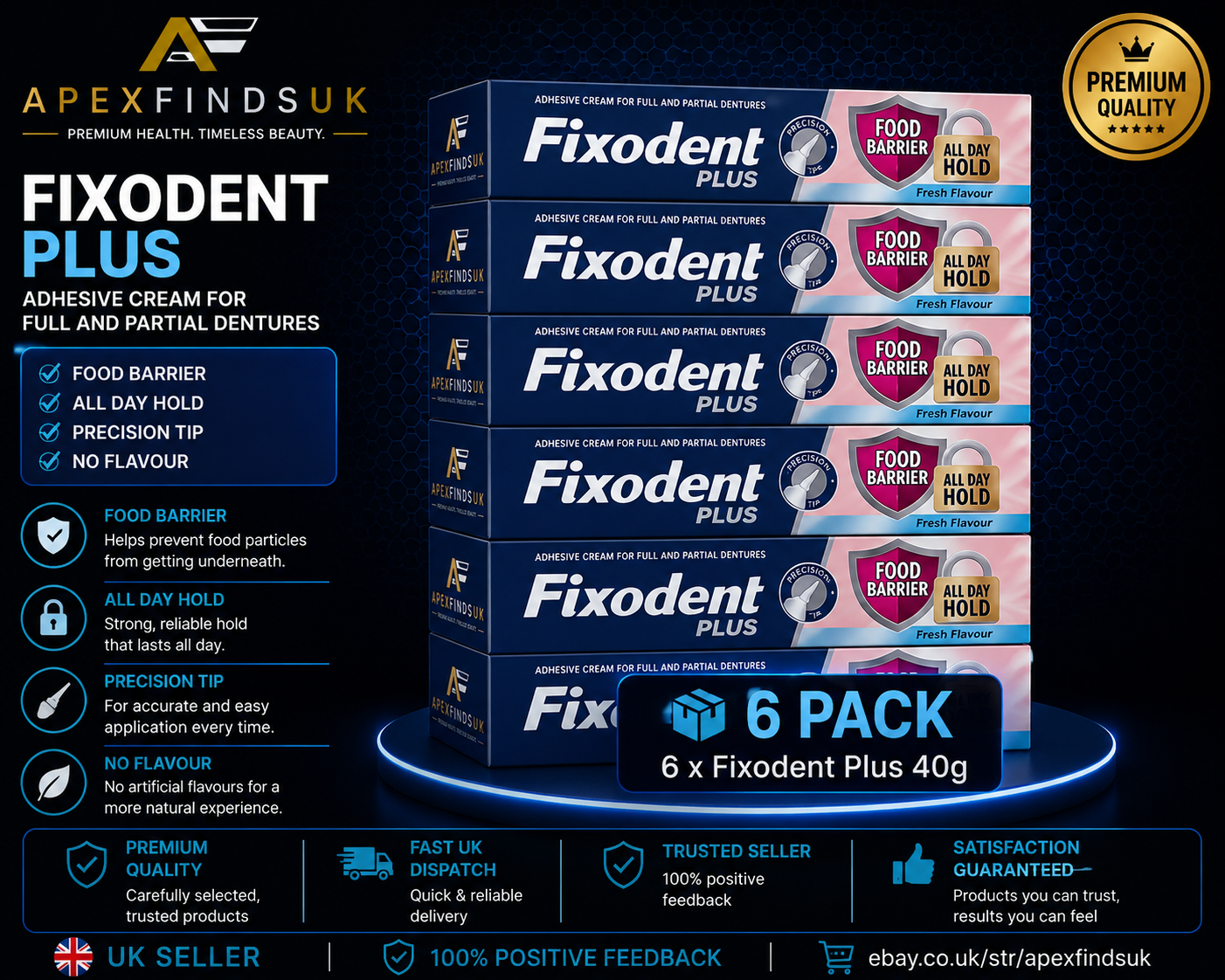 6x Fixodent Plus Denture Adhesive Cream 40g Strong Hold Food Barrier
