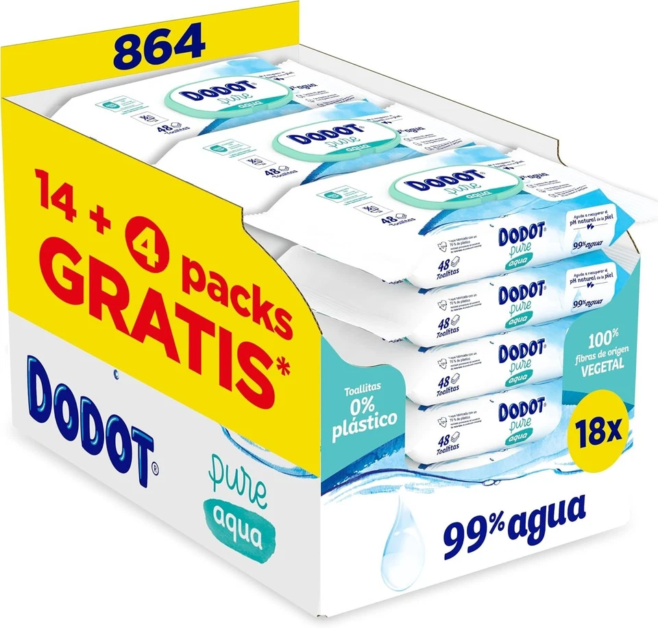 Dodot Toallitas Pure Aqua Para Bebé, 864 Toallitas (18 Packs de 48 Unidades), Ay