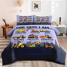 Boys Kids Construction Truck Comforter Set Twin Size,3 Piece Bed in a Bag Car...