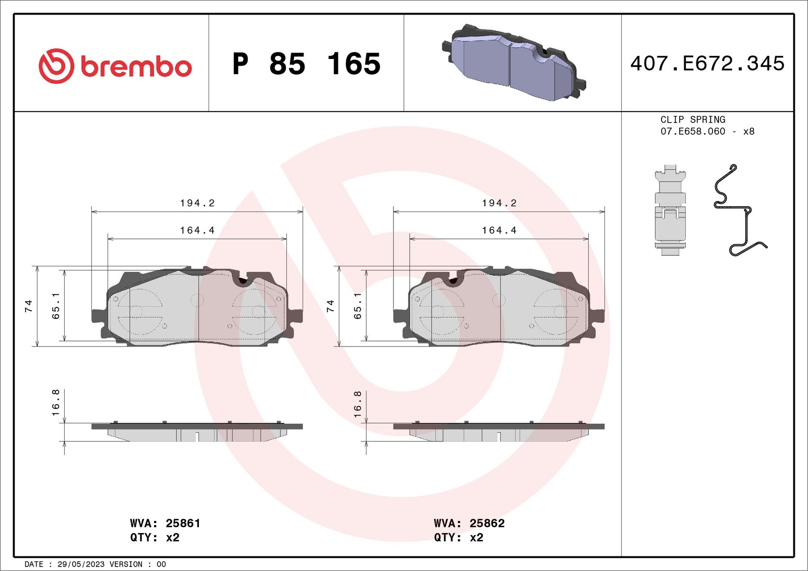 BRAKE PAD SET, DISC BRAKE P85165