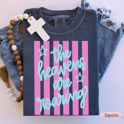 The Heavens are Roaring T-shirt, pastel stripes, script lettering,