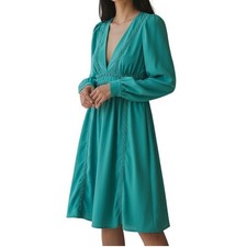 Mini Dress Womens Medium Teal Green Studded Crochet V-Neck Puff Sleeve Romantic