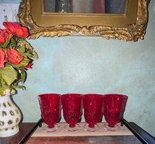 Vintage Morgantown Crinkle Ruby Red Goblet Set/4 Footed Glass Wine Ice Tea 12oz