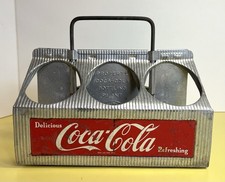 Coca-Cola Vintage Metal Bottle Carrier Caddy w/ Handle Silver Red Black Soda